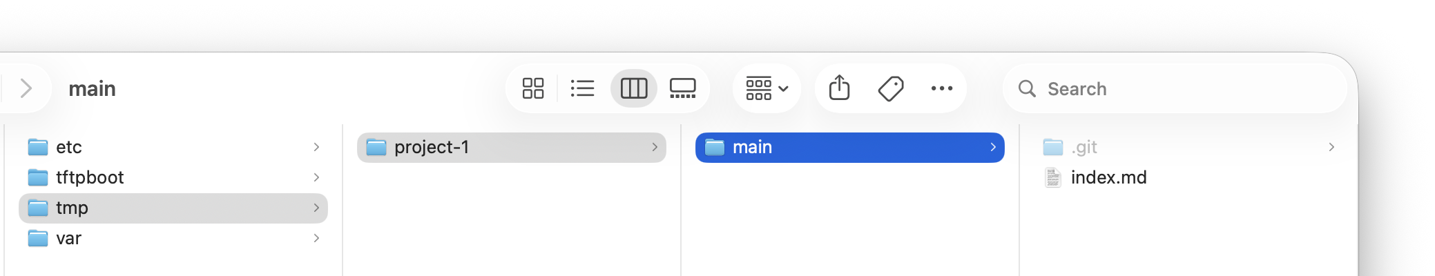 The single working tree before any worktrees are added Finder column view of the starting repository: a single working tree at project-1/main holding a .git folder and index.md, with no worktrees yet
