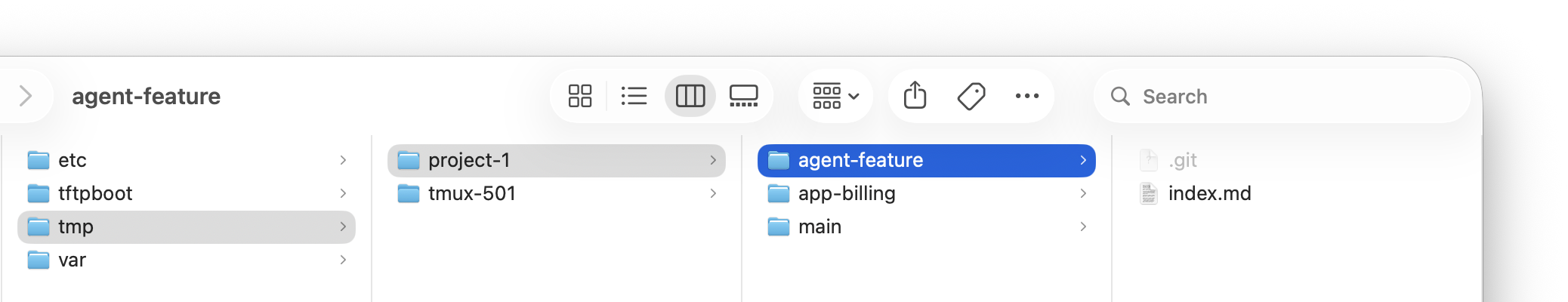 Three worktrees side by side, one per agent Finder column view showing three sibling worktrees under project-1: main, agent-feature, and app-billing, each its own working directory backed by the same repository