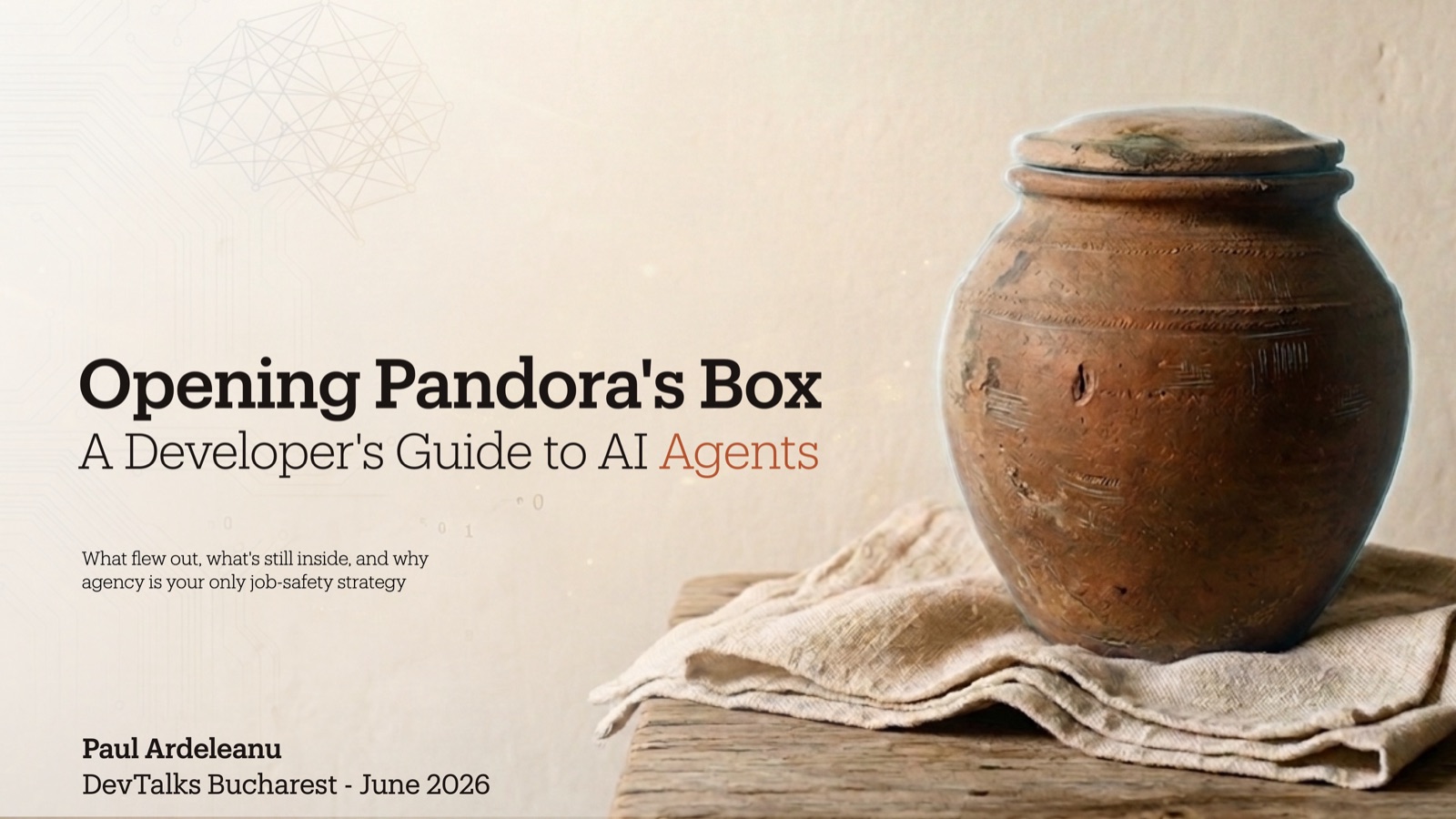 Title slide showing a sealed terracotta jar beside the talk title Opening Pandora's Box.