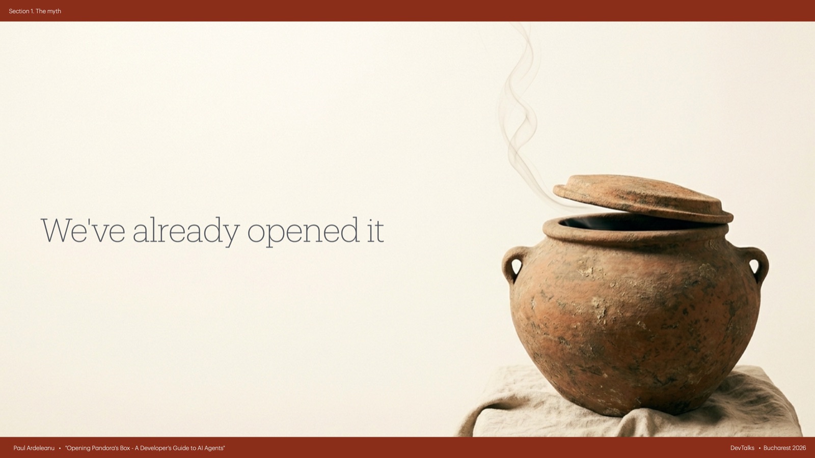 Section divider with a terracotta jar, lid ajar and smoke rising, captioned We have already opened it.