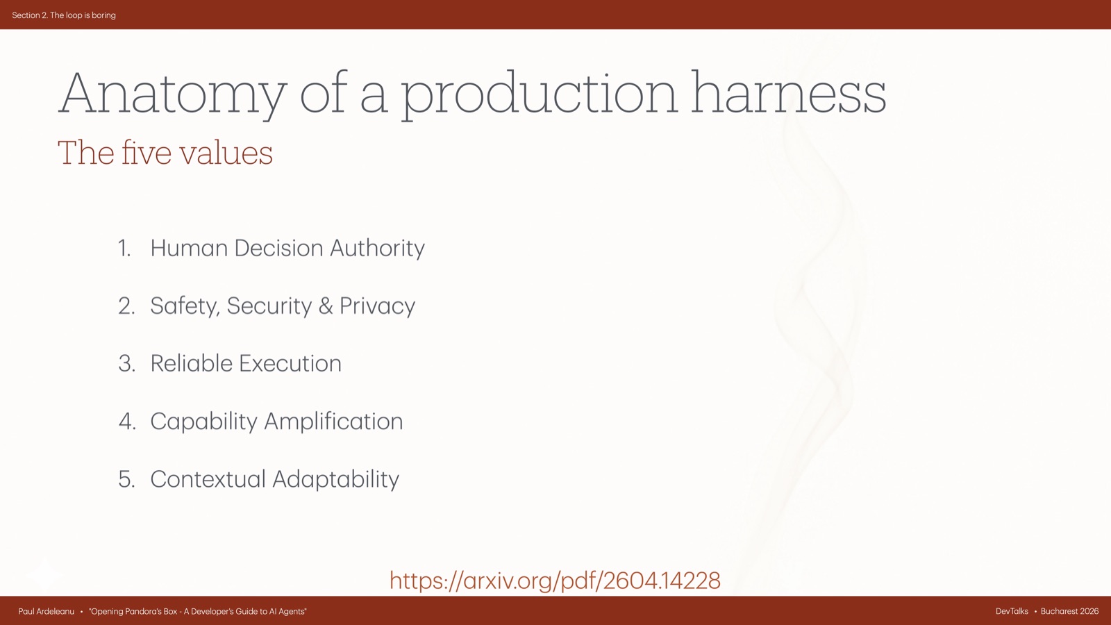 Numbered list of five values: human decision authority; safety, security and privacy; reliable execution; capability amplification; contextual adaptability.