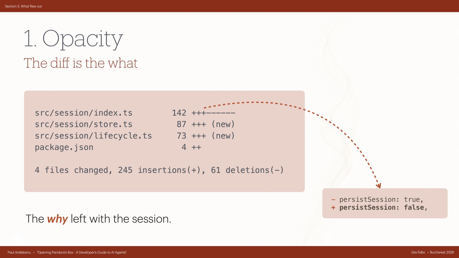 Slide showing a git diffstat and a persistSession true-to-false change, with the line The why left with the session.