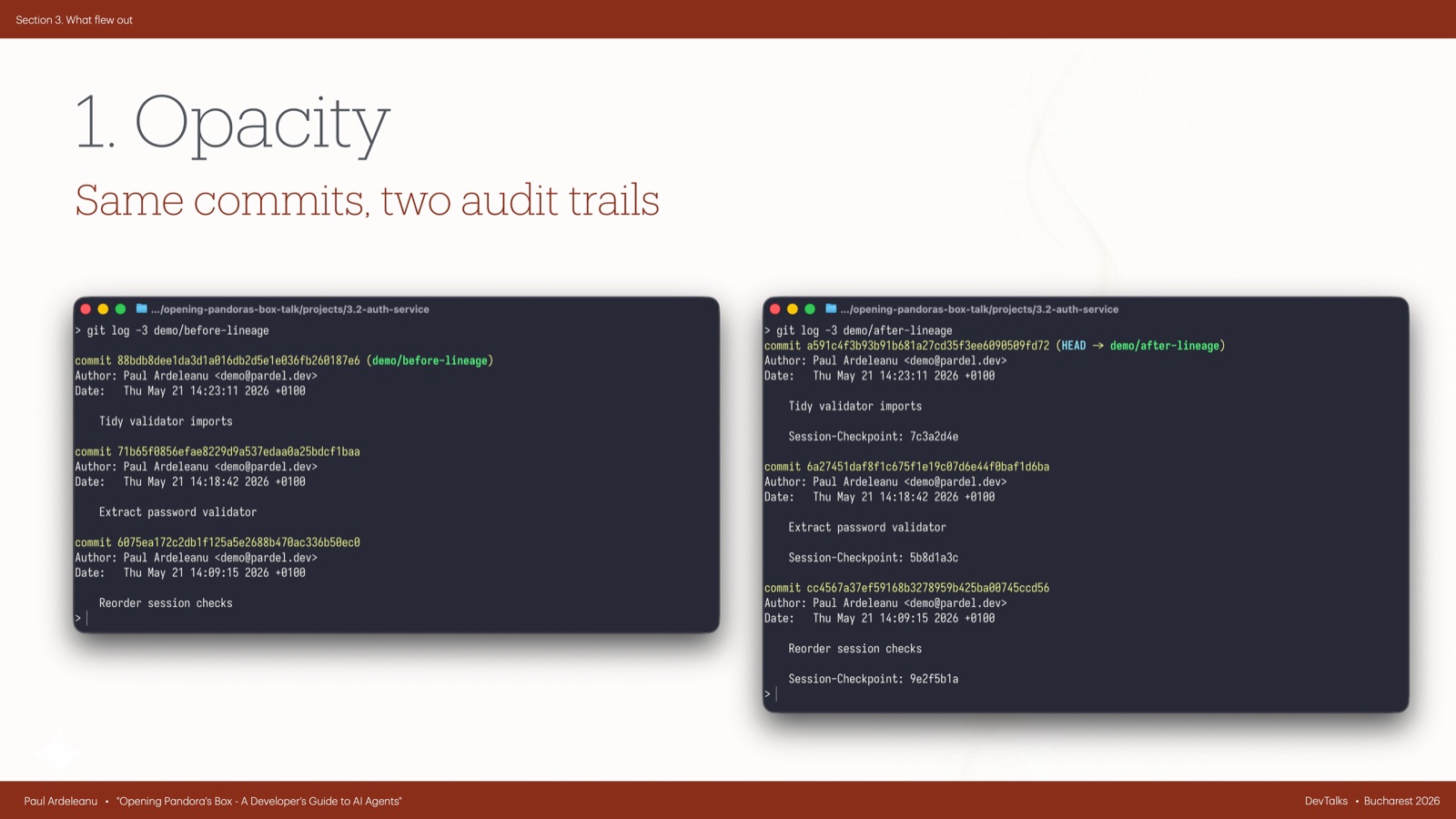 Two terminal windows side by side: the left git log shows plain commits, the right log shows the same commits each tagged with a Session-Checkpoint hash.
