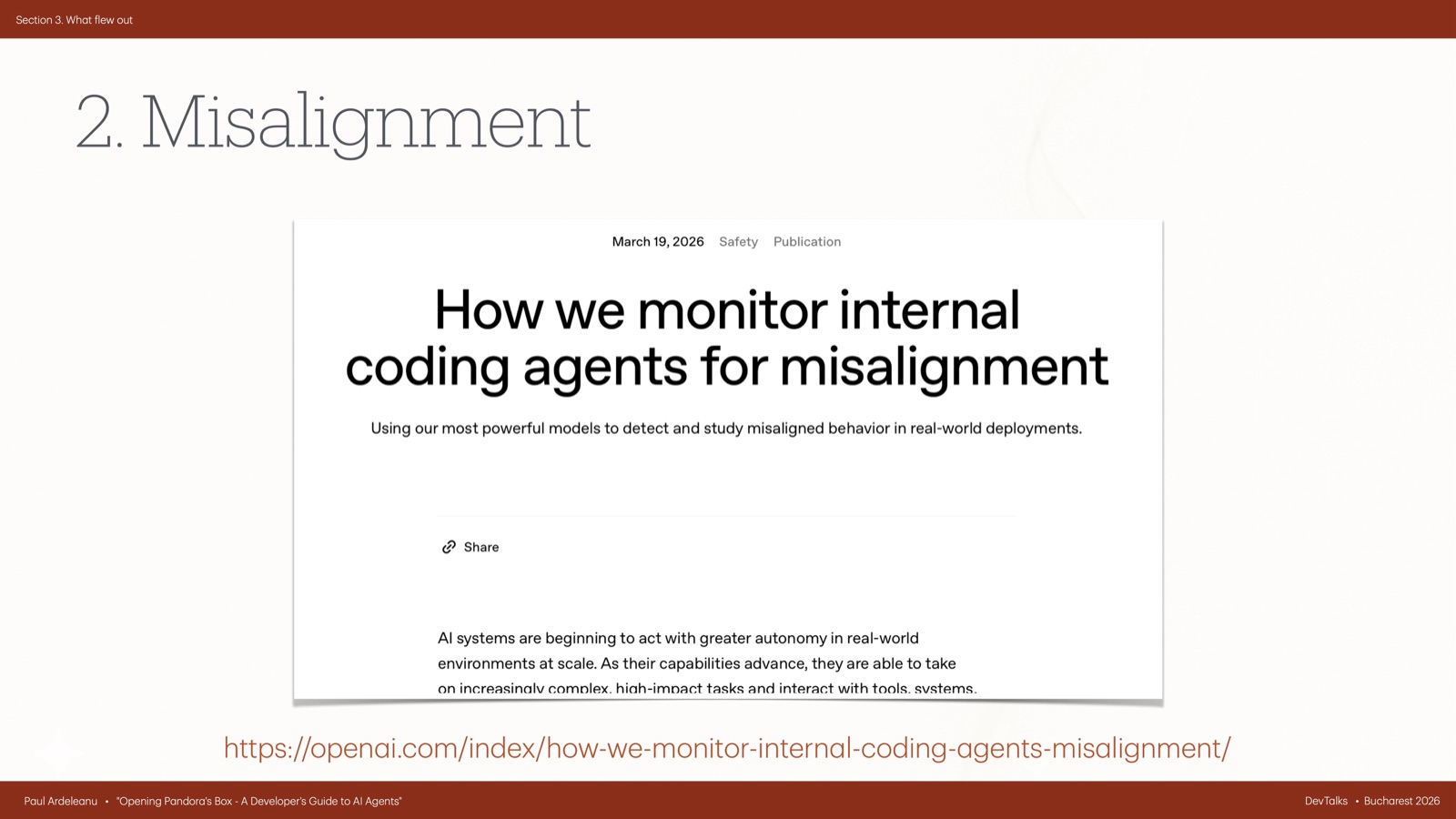 Slide showing a screenshot of an OpenAI article on monitoring internal coding agents, with the source URL beneath.