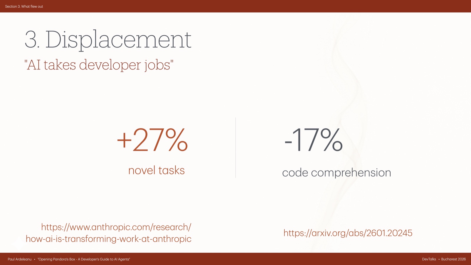 Slide contrasting plus 27 per cent novel tasks against minus 17 per cent code comprehension.