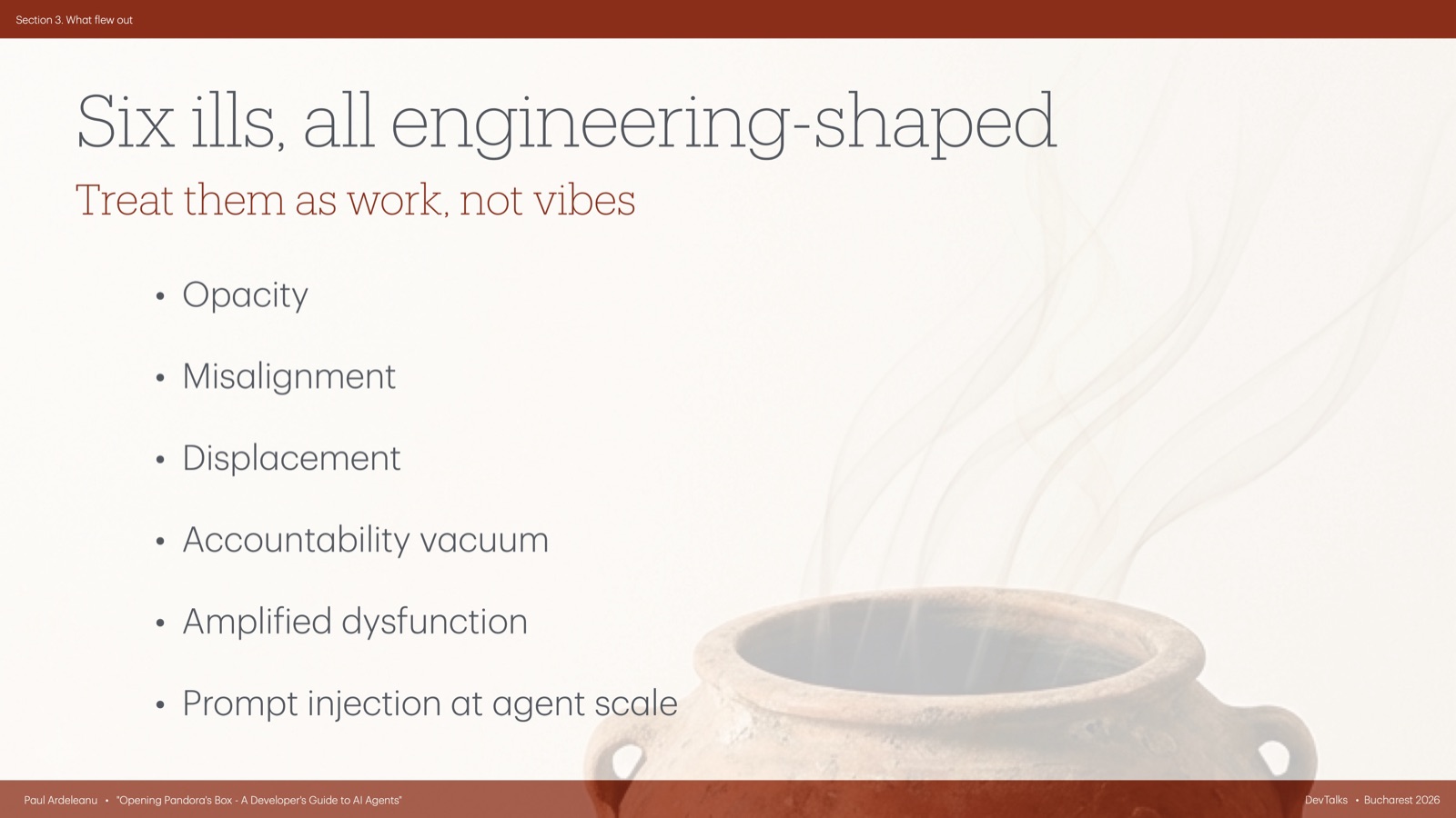 Summary slide listing the six ills beside a smoking earthenware pot.