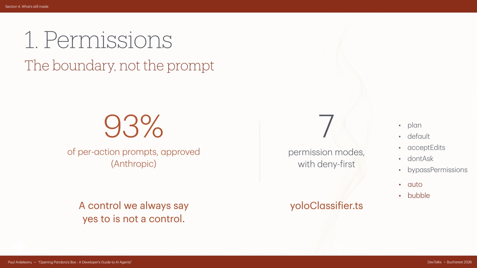 Slide titled Permissions showing a 93 per cent approval figure and seven permission modes.