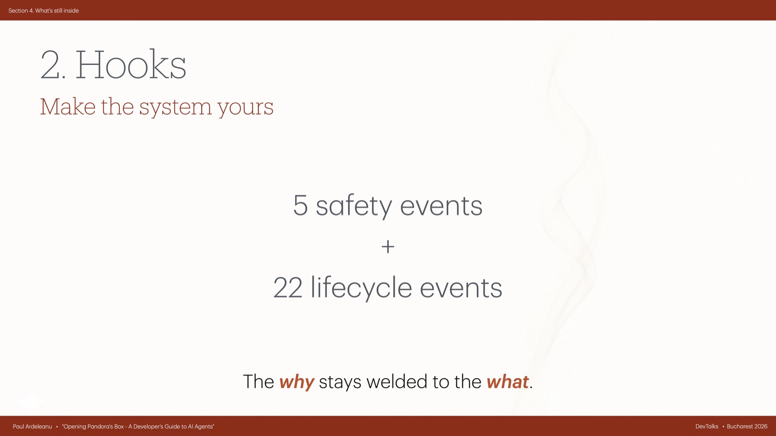 Slide titled Hooks stating five safety events plus twenty-two lifecycle events.