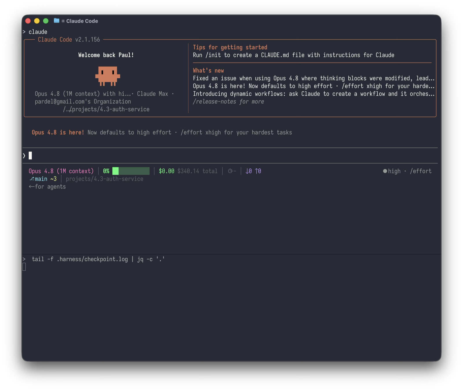 Claude Code starting in the auth-service project, with a tail on the checkpoint log running in a pane below, still empty.