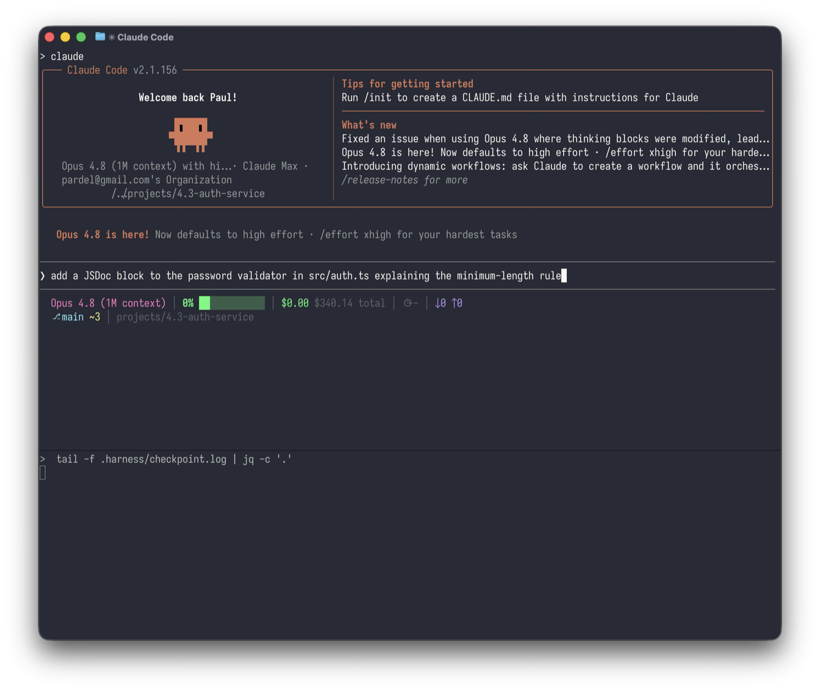The same session with the prompt typed in: add a JSDoc block to the password validator in src/auth.ts.