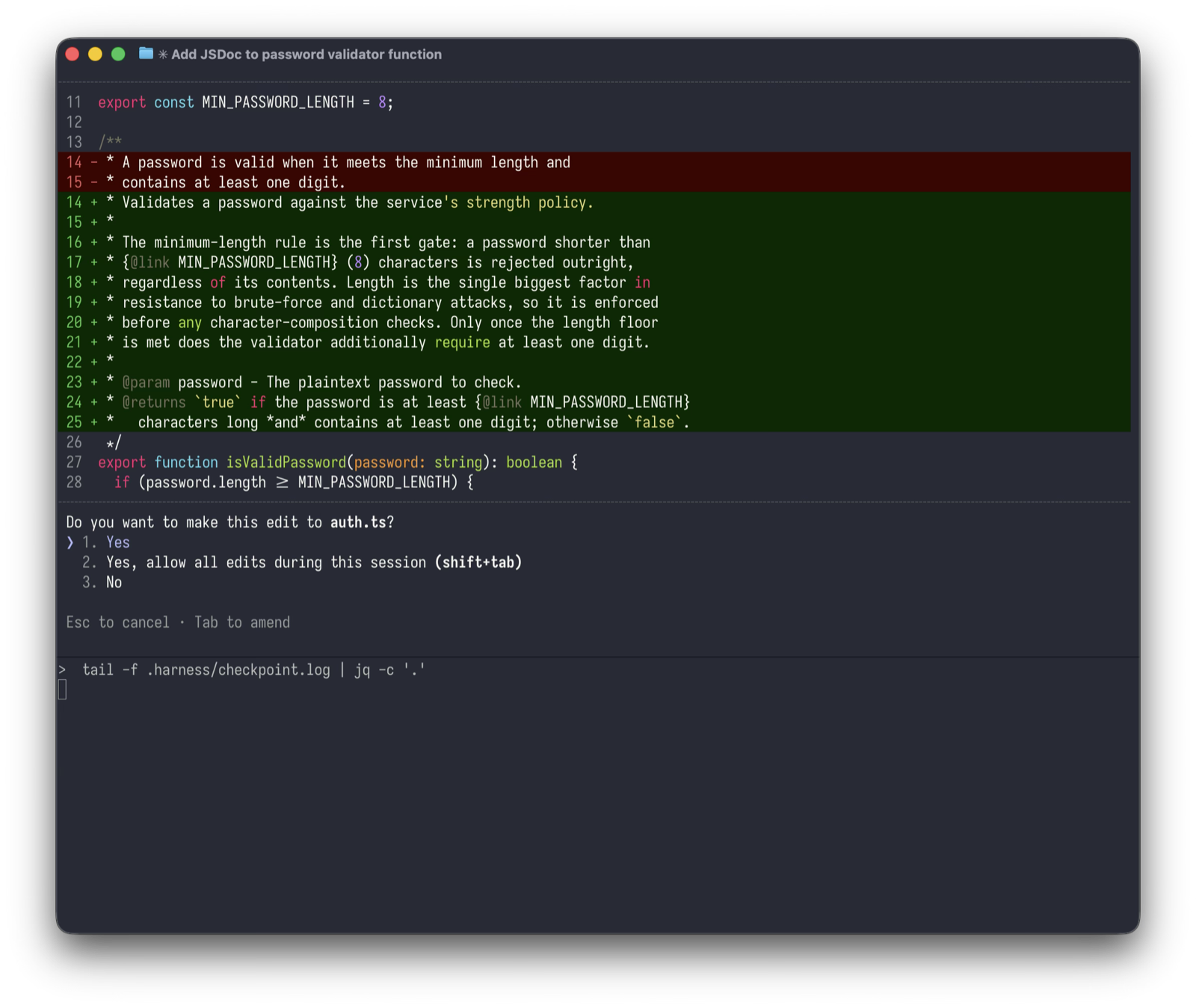 Claude Code proposing the JSDoc edit to auth.ts and asking permission before making it.