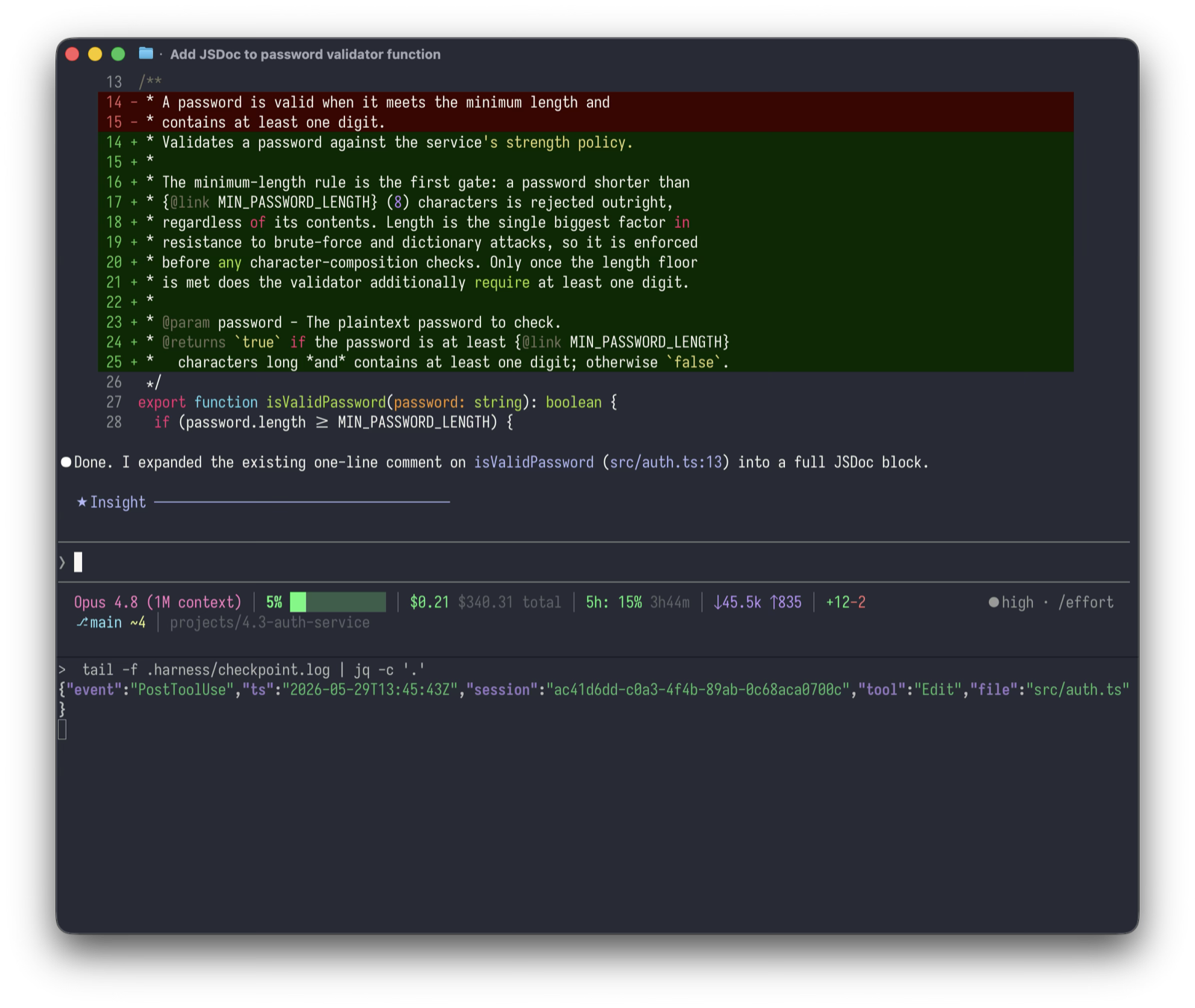 After the edit, the checkpoint-log pane shows a PostToolUse event recording the Edit to src/auth.ts.