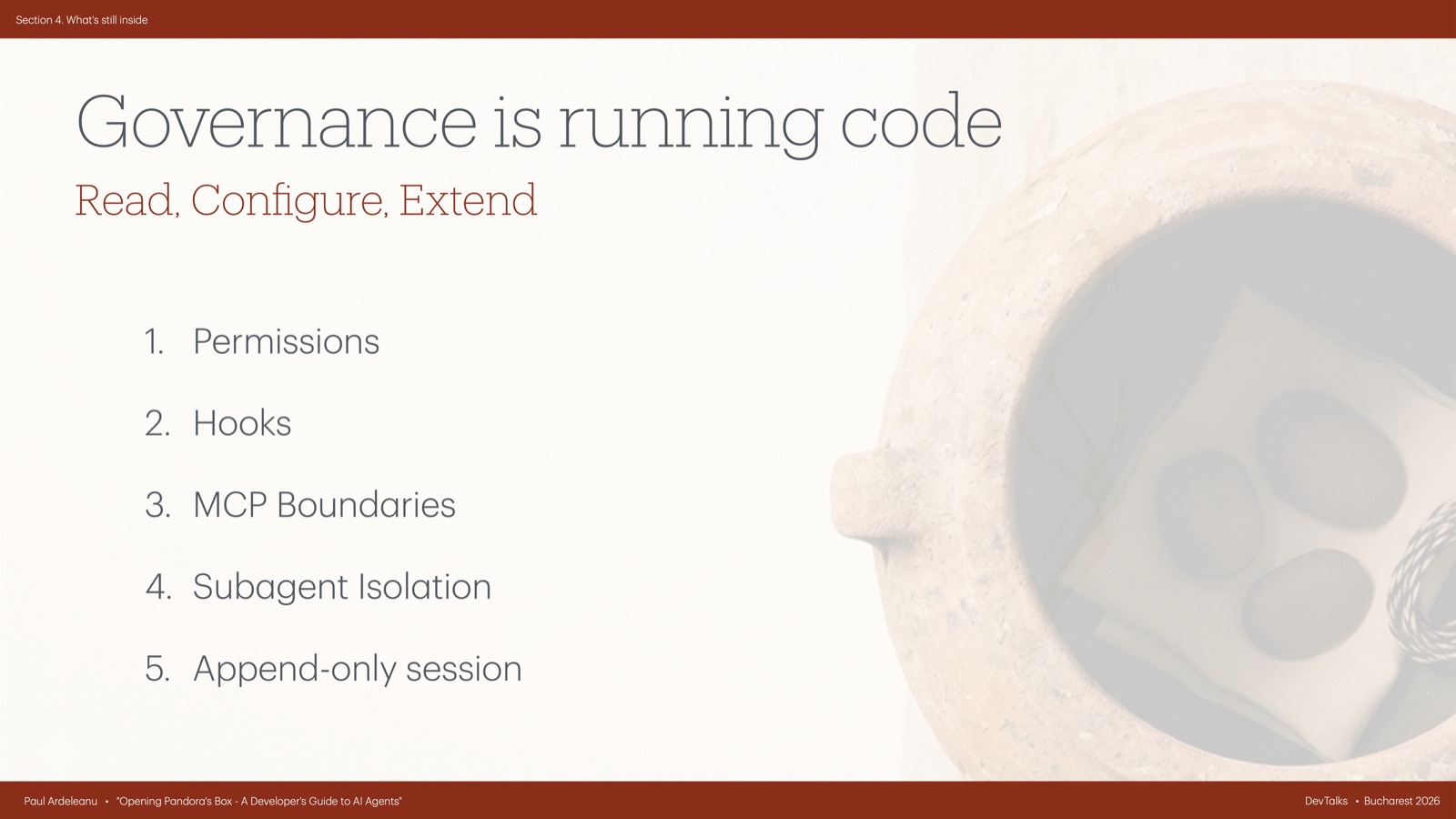 Recap slide Governance is running code listing all five safety primitives.