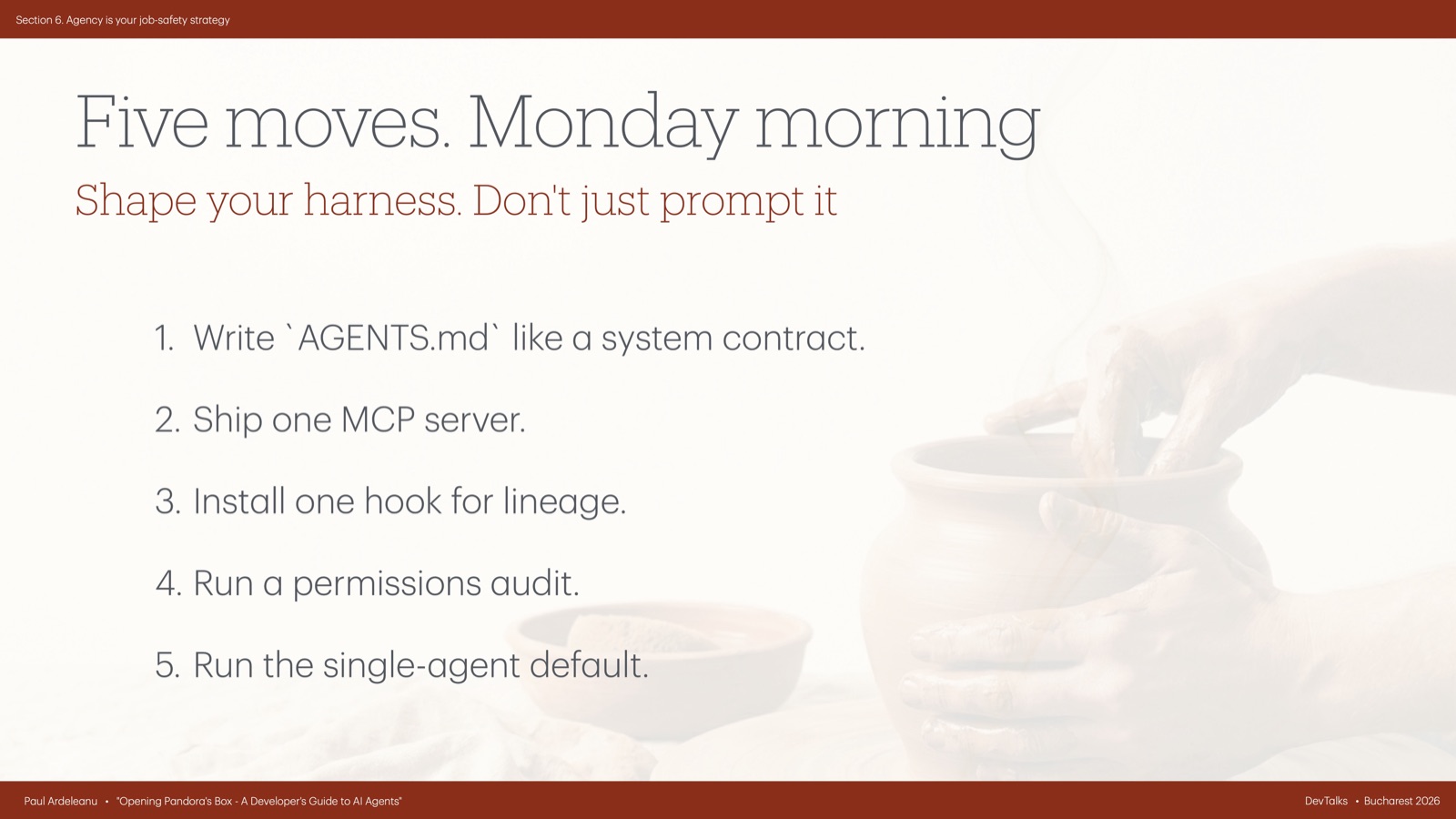 Slide titled Five moves, Monday morning, listing a five-item developer checklist.