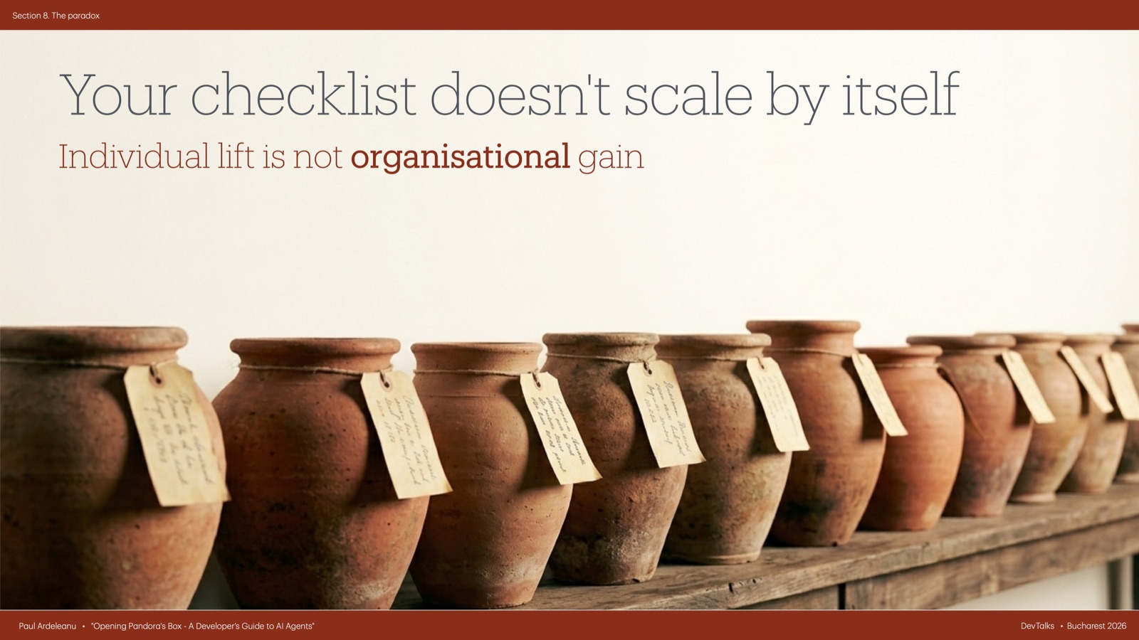 Section divider headline Your checklist does not scale by itself, above a row of tagged terracotta jars.