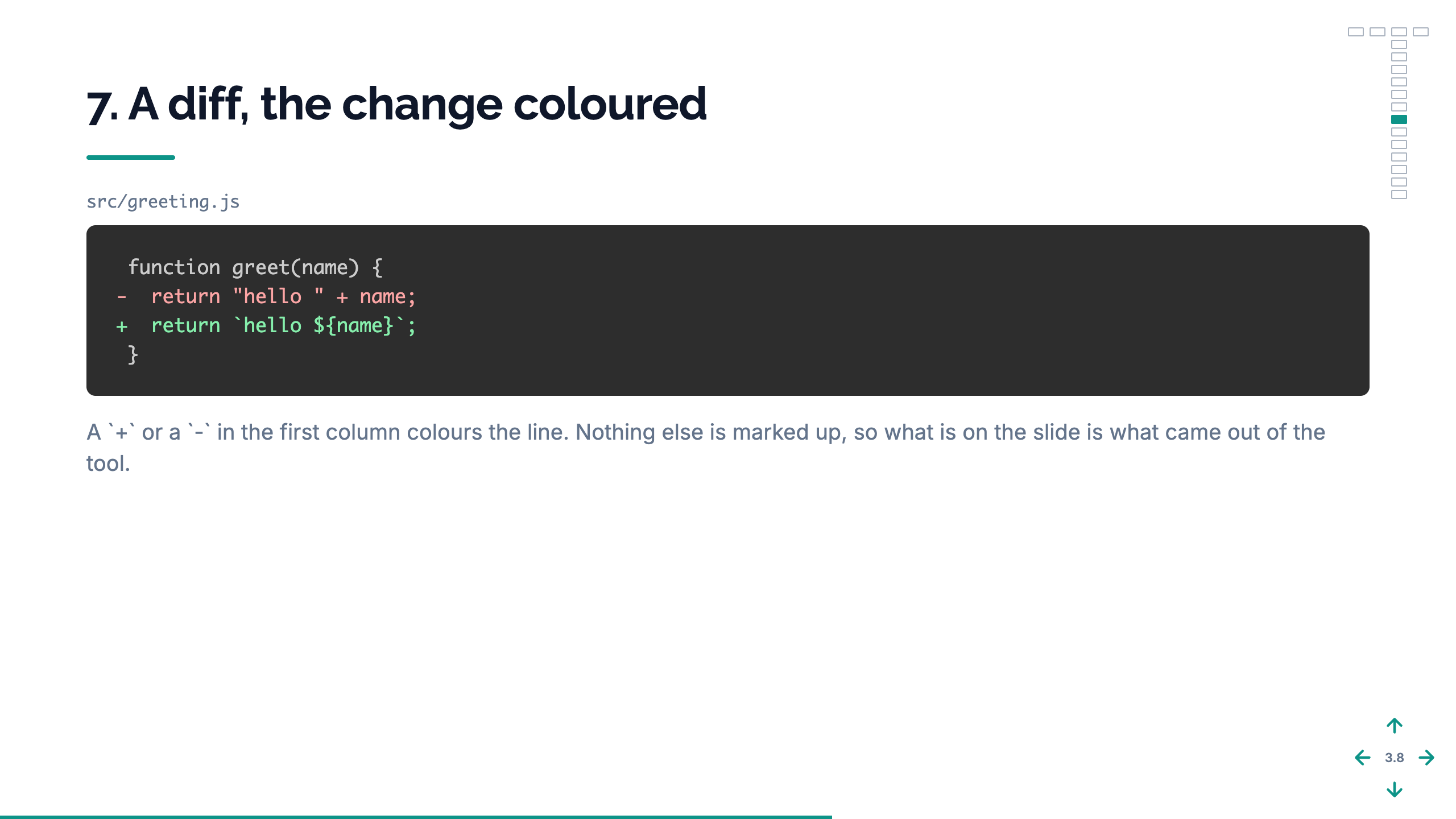 The diff slide in the minimal starter: a heading in Raleway over a teal rule, the diff in a dark block with the removed line in red and the added line in green, and the minimap and compass in the corners.