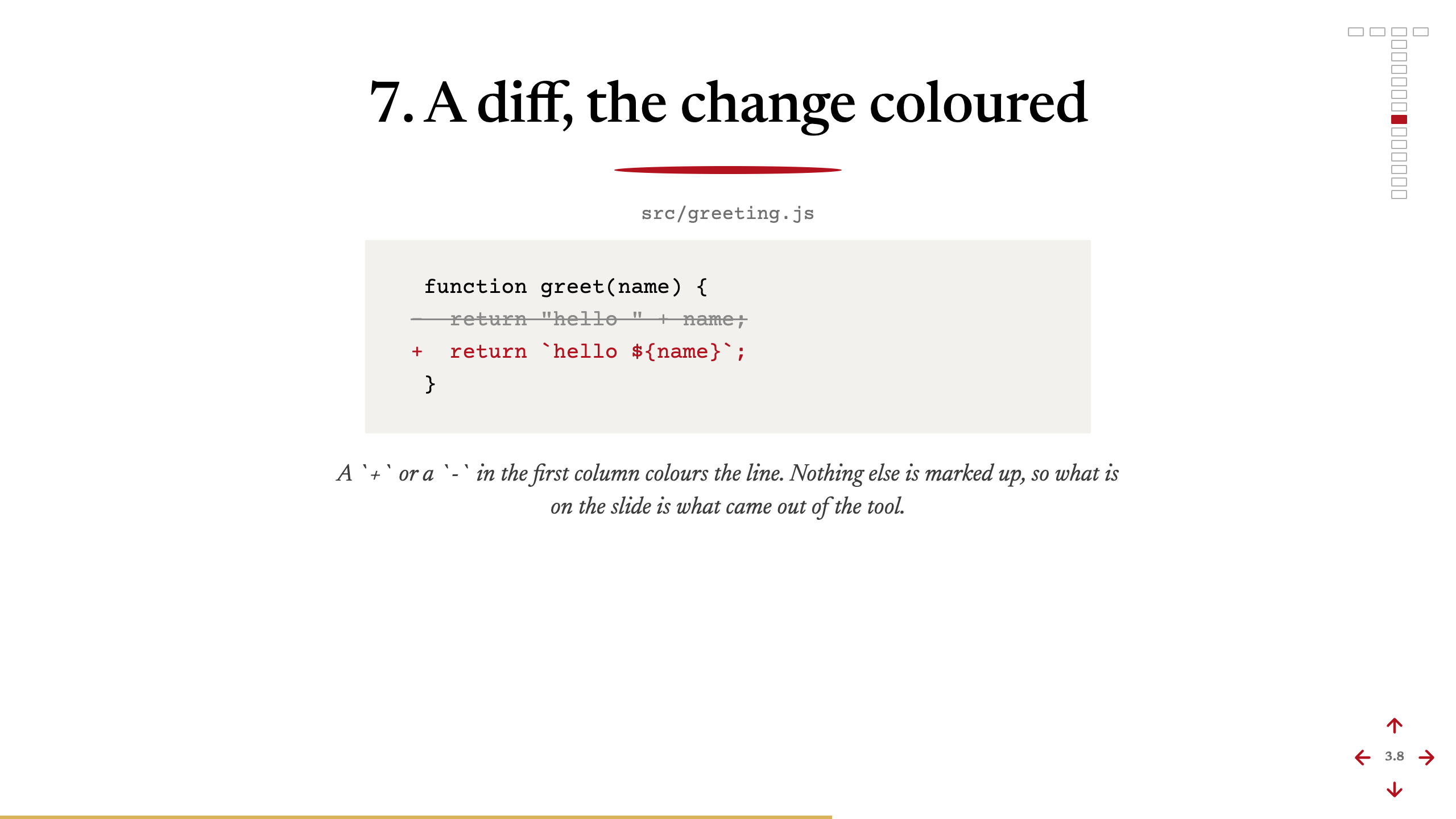 The same slide in the stylish starter: the heading centred in Newsreader over a swelled red rule, the diff on a paper slip with the removed line struck through and the added line in red, and an italic caption under it.