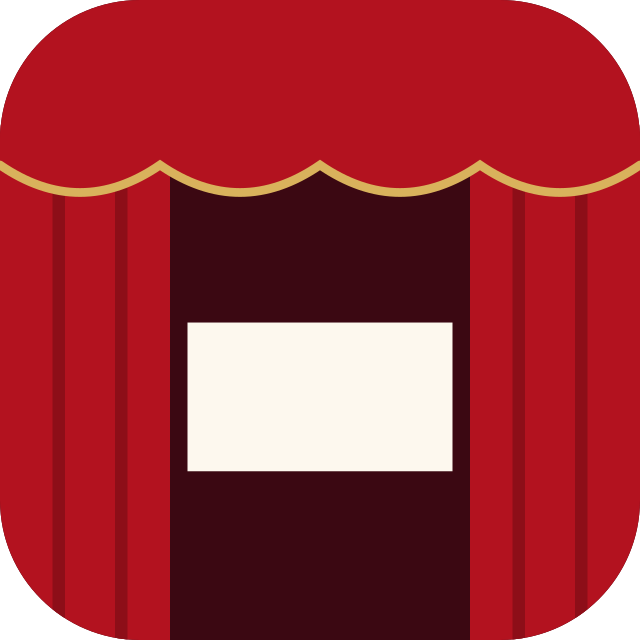 The sipario mark: a red theatre curtain hung from a scalloped valance trimmed in gold, drawn back on a dark stage holding one blank slide.