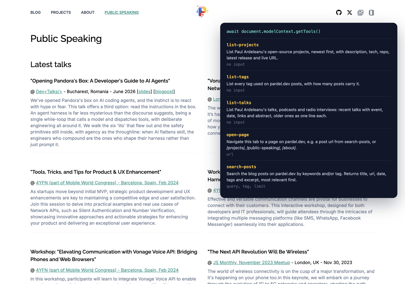 On /public-speaking/, list-talks joins the other four The Public Speaking page in Chrome with the dark panel showing await document.modelContext.getTools(). There are now five tools: list-projects, list-tags, list-talks, open-page and search-posts. list-talks is described as listing talks, podcasts and radio interviews, with no input.