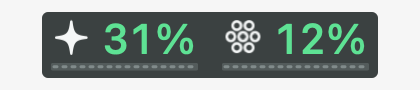 No current weekly reading: dotted, not empty The Tokenz item with a white Claude sparkle beside 31% in green and a white Codex hexagon grid beside 12% in green, each over a dotted underline instead of a filled one.